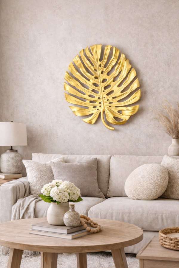 Serene living room with golden monstera
