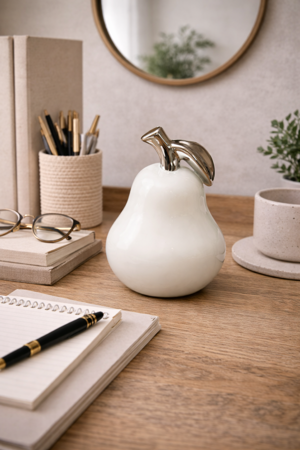 Still life with pear and desk items