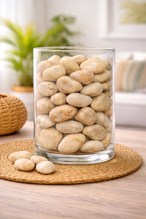 Glass vase with smooth river stones