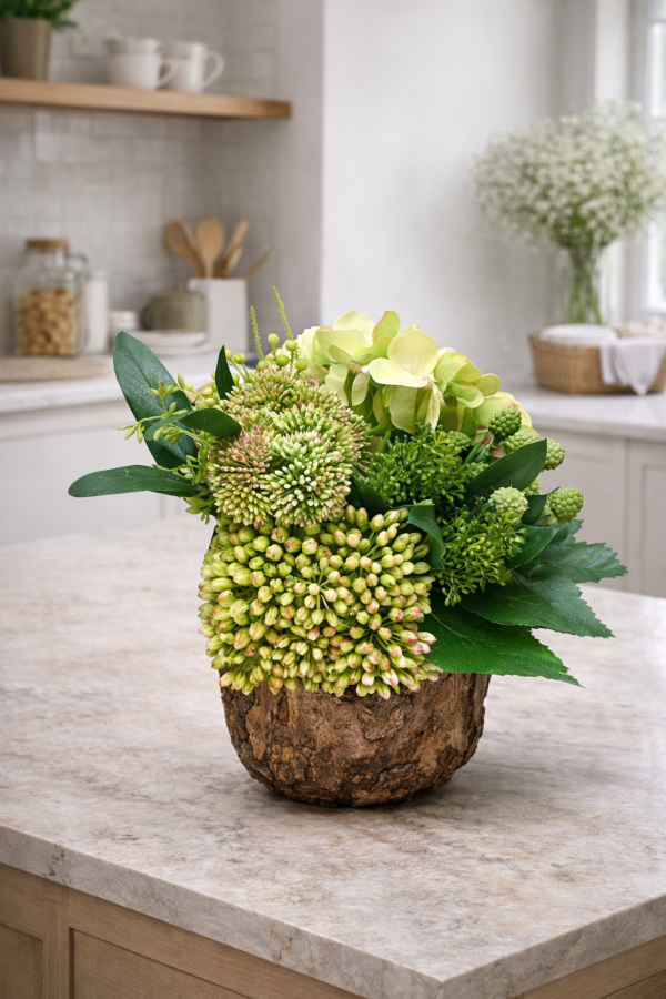 Rustic floral arrangement on marble counter