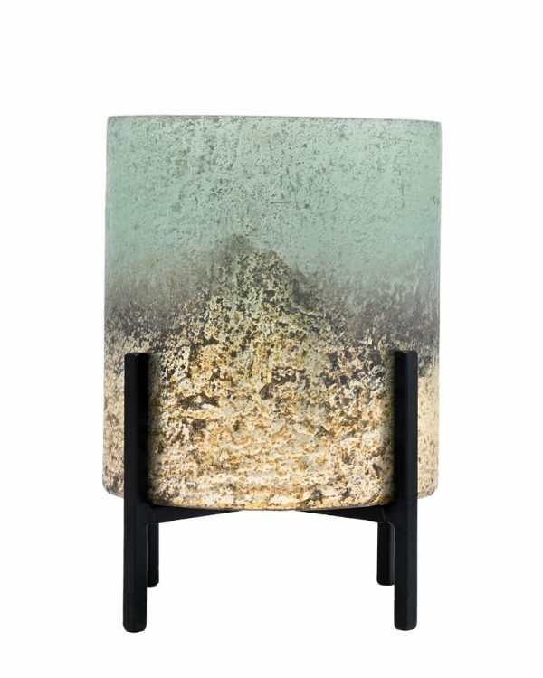 Sea-green Metallic Etched Glass with Stand 7.5"H