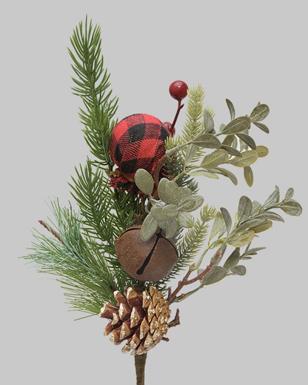 Pine Spray with Red Plaid Ball and Bell 12"