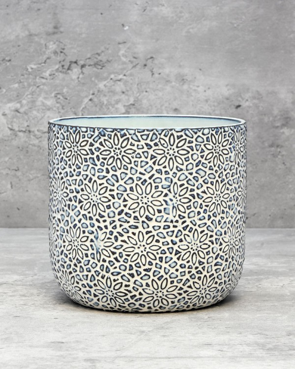 Floral Mosaic Container - Blue/White 4.5"H