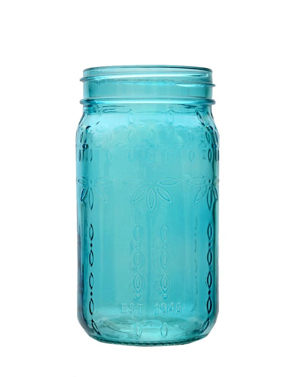Glass Mason Jar- Teal 6.5"H