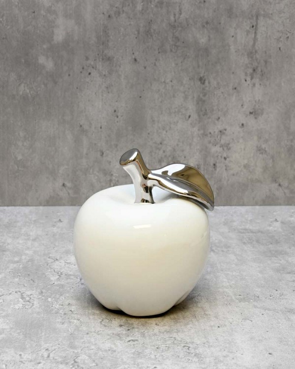 White Ceramic Silver Tipped Apple Sculpture 4.25"H