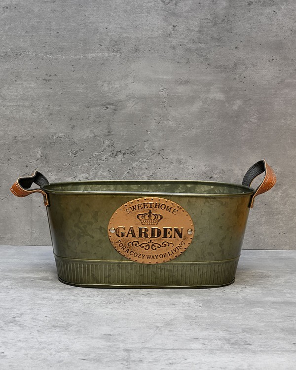 Green Metal Planter with 'Garden' Emblem 10.5"L